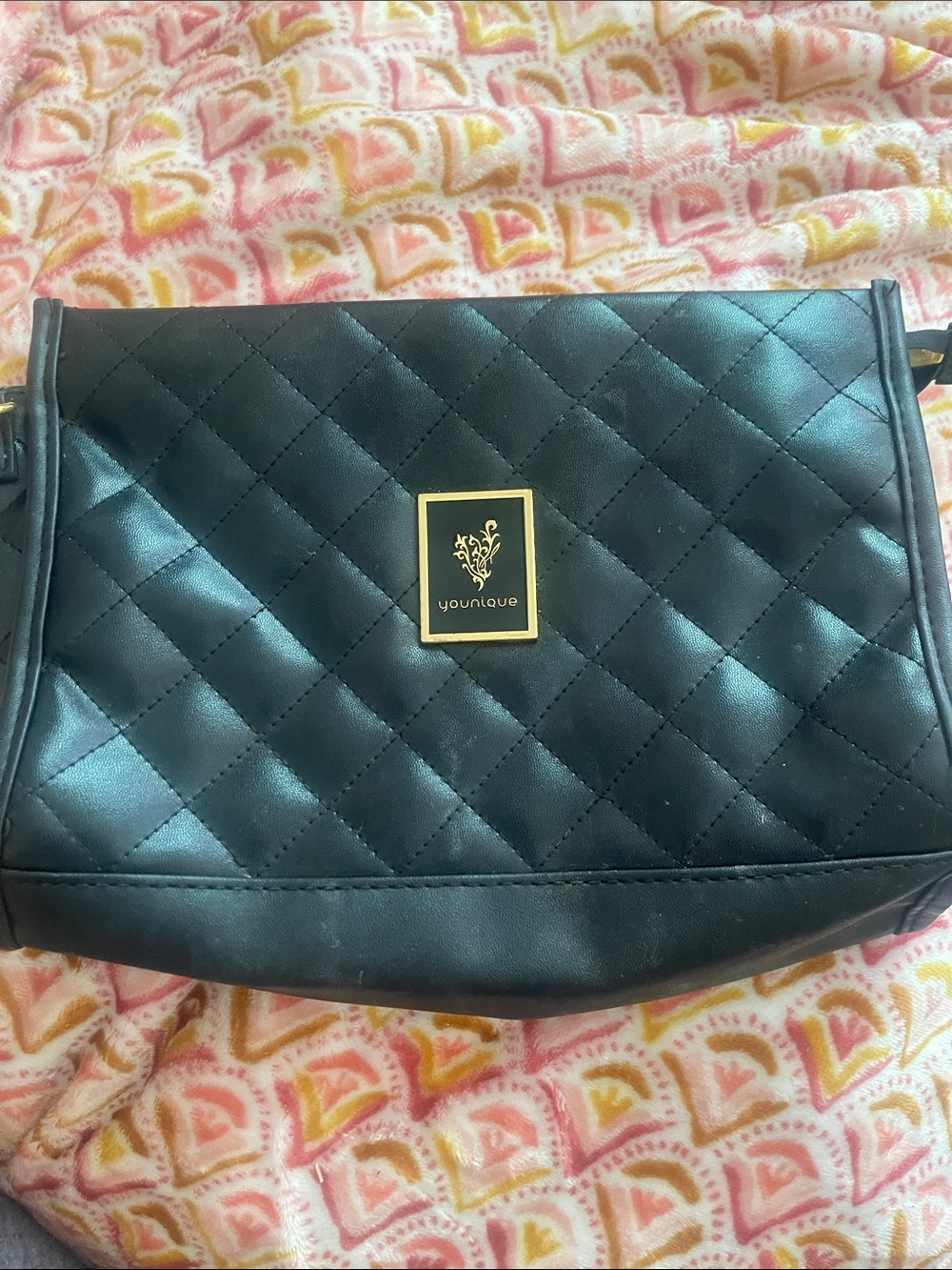 Younique Quilted Black Cosmetic Clutch with Gold Logo